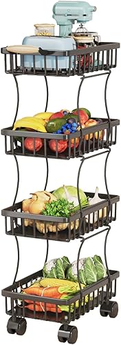 Miniatura 2 de Wisdom Star Cesta de frutas de 4 niveles para cocina, carrito de almacenamiento de verduras con mesa de madera, cesta de verduras para cebollas y
