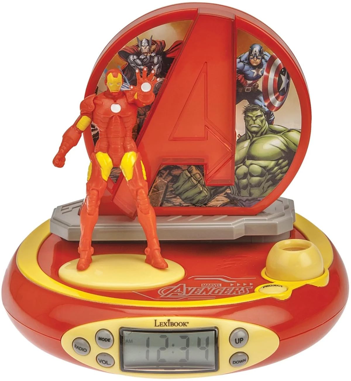 Lexibook, The Avengers Iron Man, Projektorwecker für Kinder, Nachtlicht und Zeitprojektion an die Decke, Soundeffekte, batteriebetrieben, Rot, RP510AV