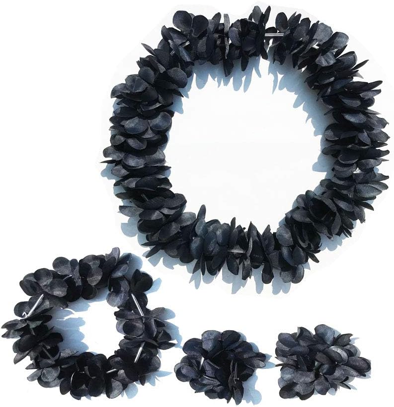 LITTLE FEATHER Halloween Decor Leis for Tropical Hawaiian Luau Headband Bracelets Party Favors,Set of 4 (Black)