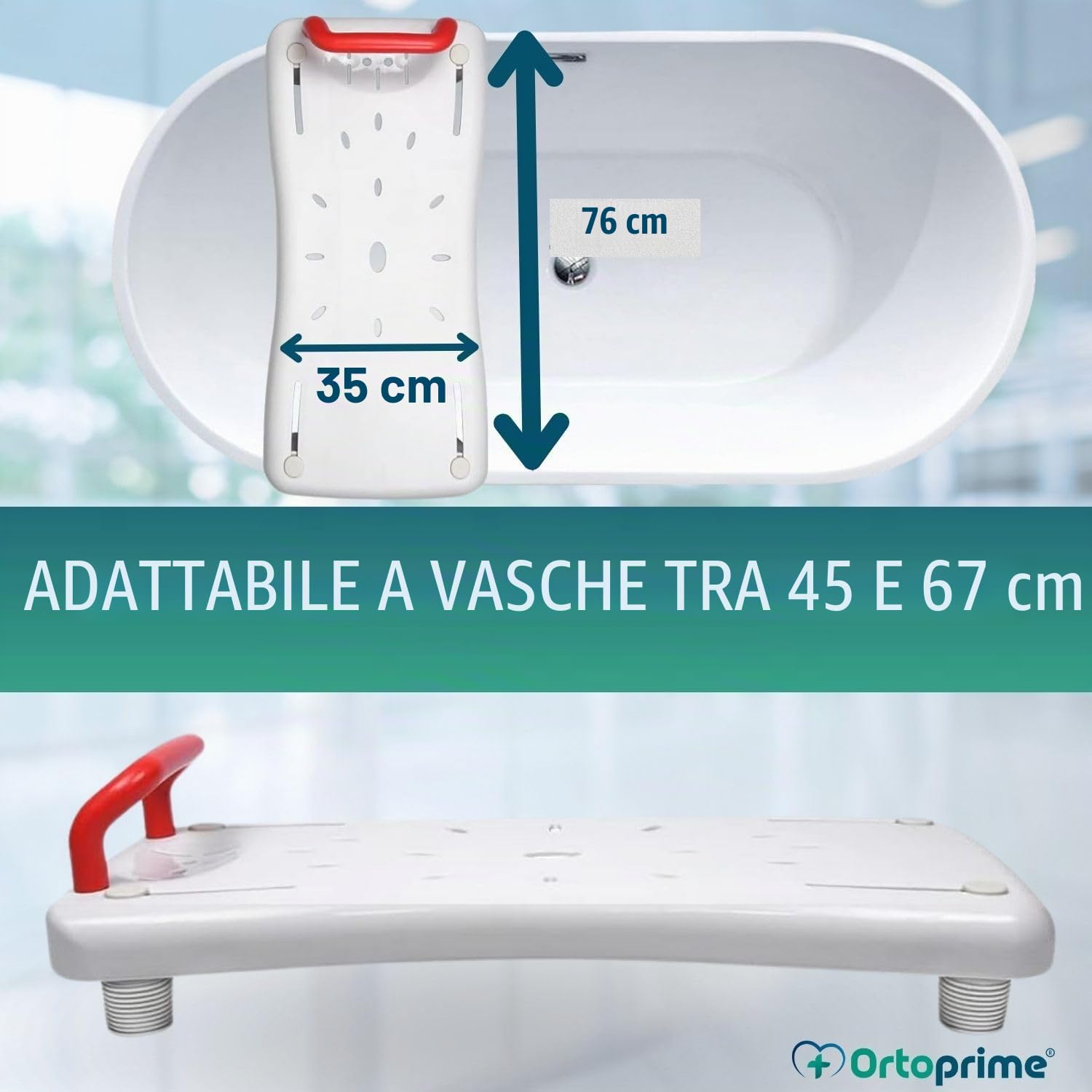 OrtoPrime - Sedile per vasca da bagno, antiscivolo, per adulti, regolabile, facile da trasportare, con manico di sicurezza, comodo e sicuro