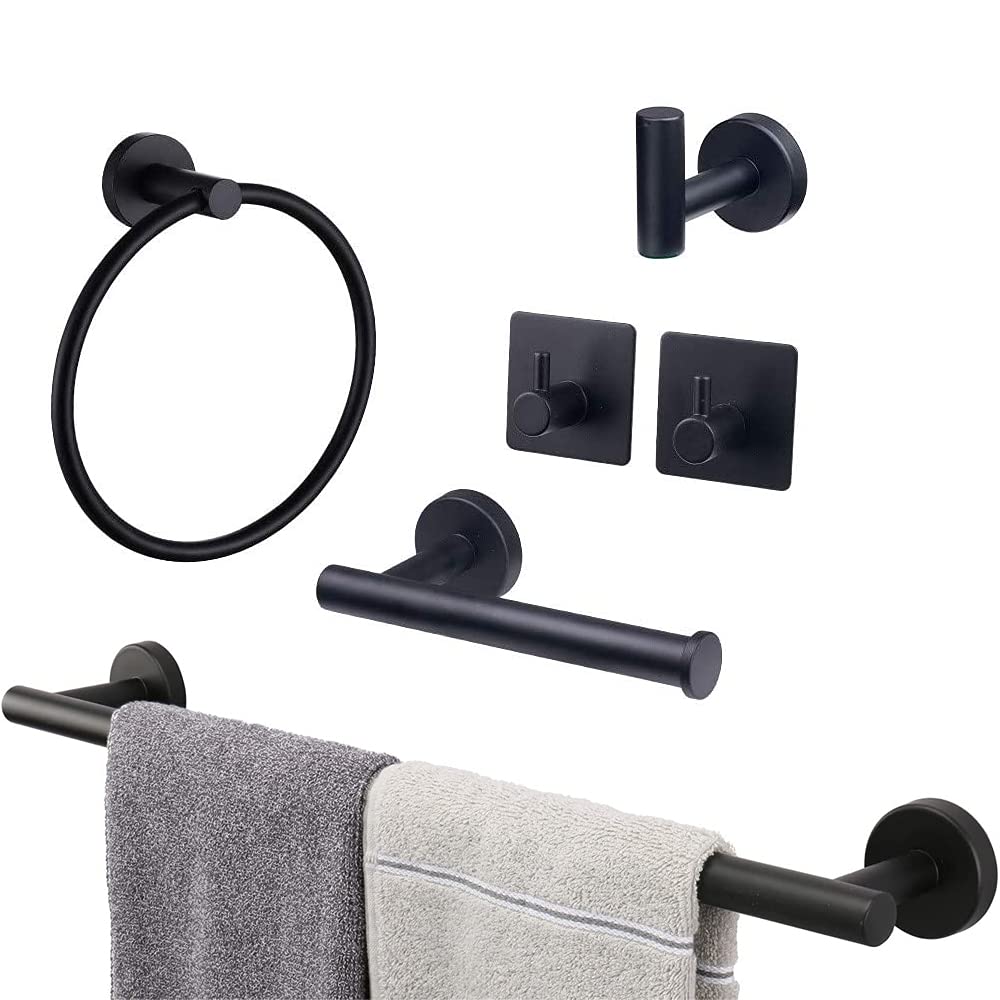 TocTen 6-Piece Set Bathroom Hardware Set-304 Stainless Steel, Towel Bar Set Include Towel Bar+Towel Ring+Toilet Paper Holder+3 Robe Towel Hook Bathroom Towel Rack Set?Matte Black?24 Inch?