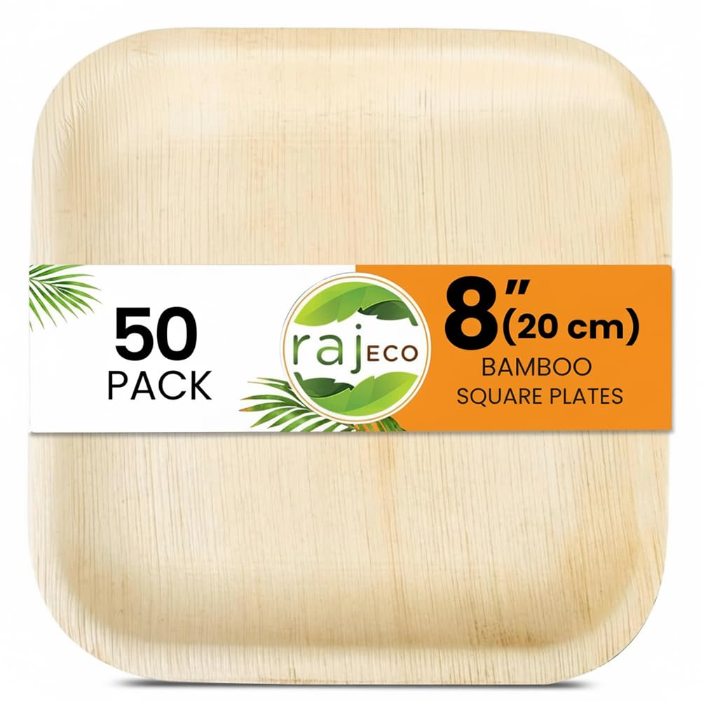 Raj Eco Compostable Palm Leaf Plates Like Bamboo Plates Disposable - 8 Inch Square 50 party plates, Natural wooden, Eco-Friendly, fancy Biodegradable & Disposable Dessert appetizer Plates