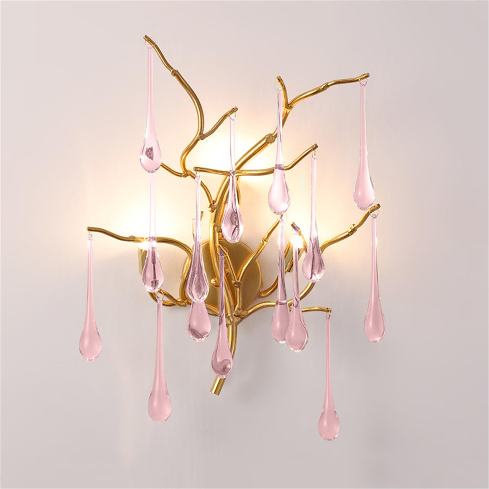 MESOVFCA Modern Crystal Wall Light, 3 Lights Raindrop Wall Sconce, Tree Branch Wall Lamp Light Fixtures, Bedside Lamp for Bedroom, Living Room, Foyer,Pink
