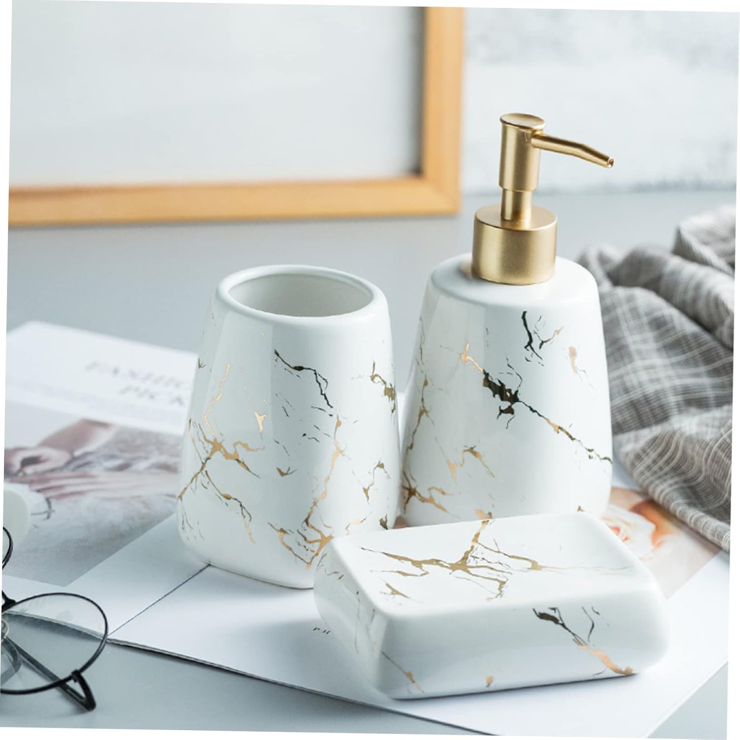 Cabilock 3pcs Bathroom Washing Supplies Glossy White Decorative Soap Dispenser Toothbrush Cup and Soap Dish for Organized Vanity Countertop Accessories