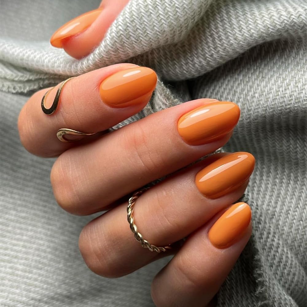 Orange False Nails Short Oval, SXVME Simple Acrylic Press on Nails Short - Image 2