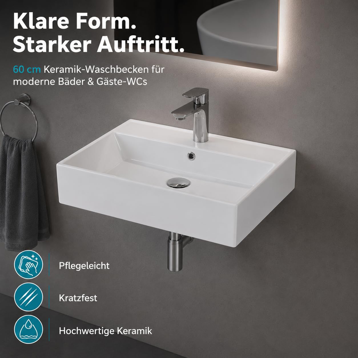 Aqua Bagno Ceramiczna umywalka 60 cm – prostokątna umywalka wisząca lub umywalka nablatowa z otworem na kran, głębokość 42 cm, montaż na ścianie, WC dla gości, biała