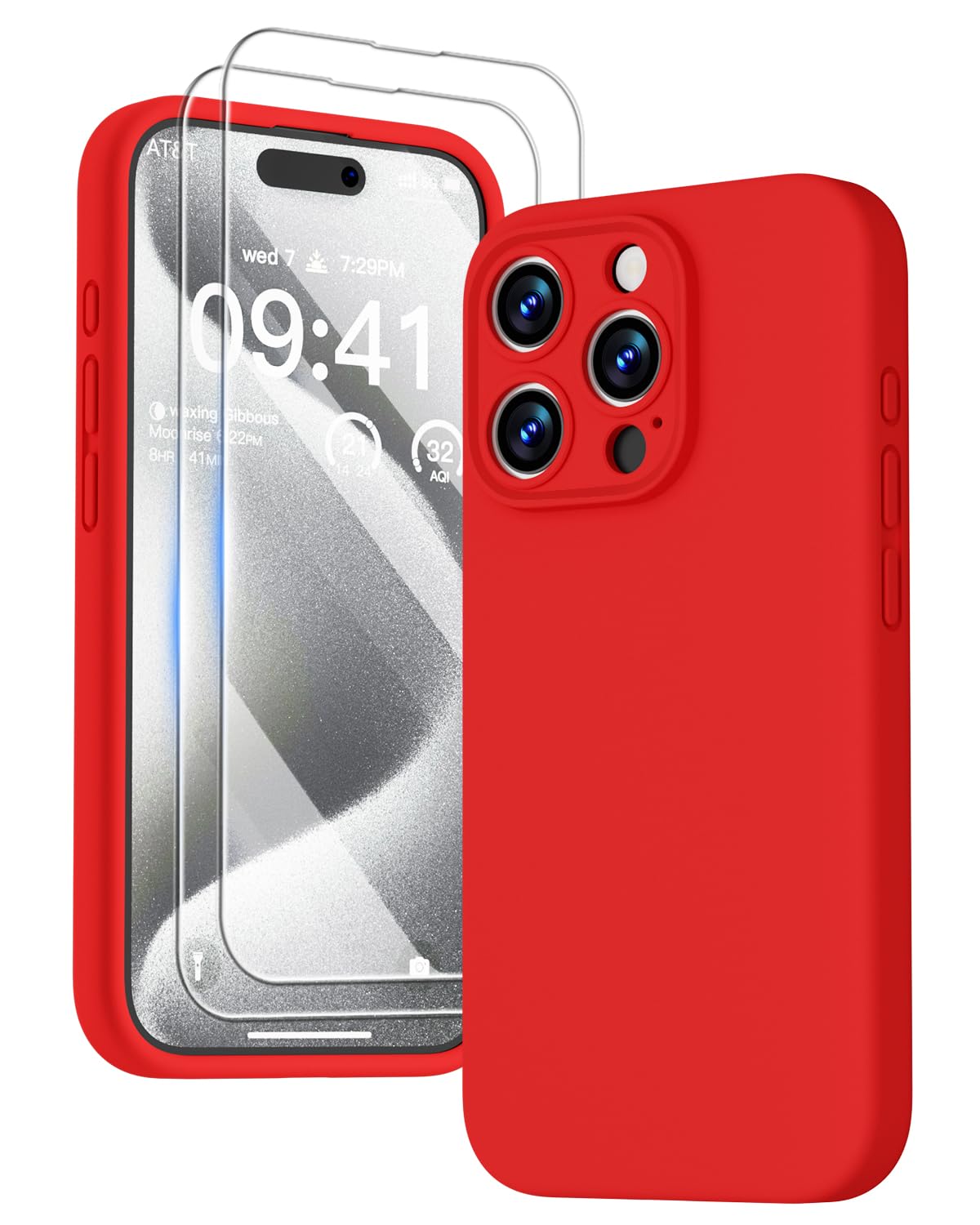 GOODVISH 3 in 1 Silicone Cover per iPhone 15 Pro 6.1" (2023), Custodia con 2 Pellicola Protettiva, Case per Cellulare Ultra Sottile Antiurto Resistente [Protezione Fotocamera], Rosso