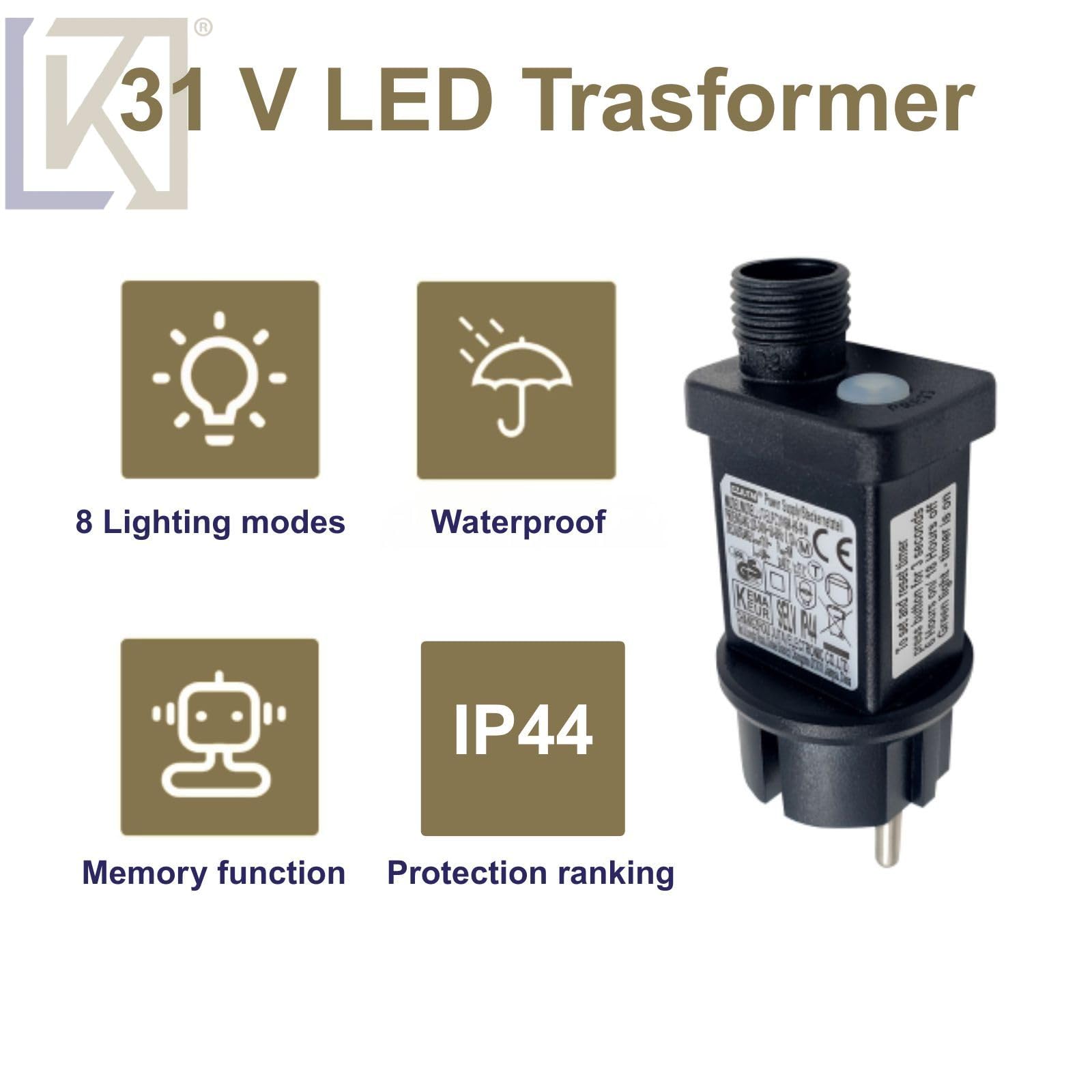 Luccika - Cadena de luces LED todo Flash, cable verde de 4 m, IP44 interior/exterior, 31 V con temporizador, luces decorativas de Navidad para jardín y fiestas (blanco hielo + blanco cálido, 50 m 1000