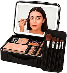 Maleta de Maquiagem com Espelho e Luz LED USB Ajustável, Necessaire Organizadora Profissional, Bolsa Makeup Portátil Grande para Viagem