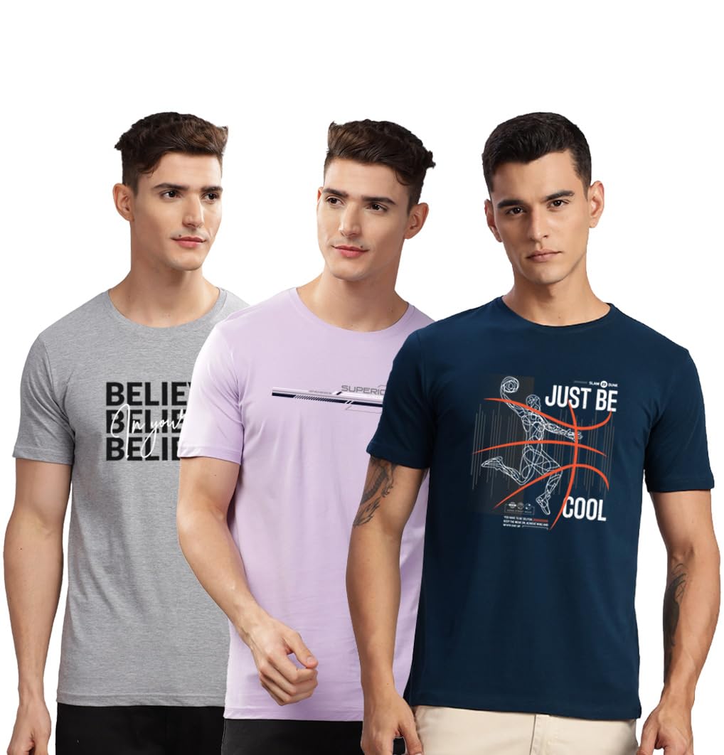 ADRO Koszulki męskie, 100% bawełna, lycra, krój regularny, okrągły dekolt, półdługie, 3 sztuki w opakowaniu