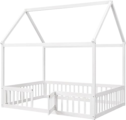 Miniatura 9 de KLMM Cama de madera de tamaño matrimonial con valla y puerta, marco de cama de madera para niños o niñas, se puede decorar (valla blanca + puerta)