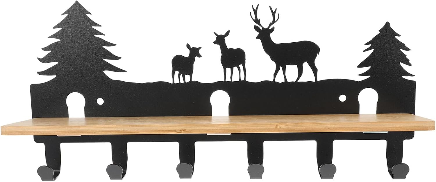 Metal Wall Key Holder with 6 Black Animal Hooks, Decorative Iron Art Entryway Key Rack and Mail Organizer Shelf for Home Storage and Wall Mount