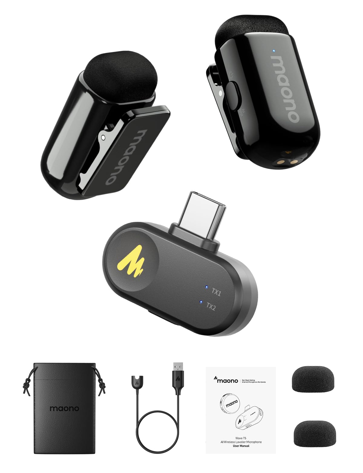 MAONO Wave T1 Mini Wireless Lavalier Microphone for iPhone 17 16 15 Android Tablet with USB-C Plug, Noise Cancellation, AI Voice Filter, 30H Used for Video Recording Content Creating YouTube TikTok