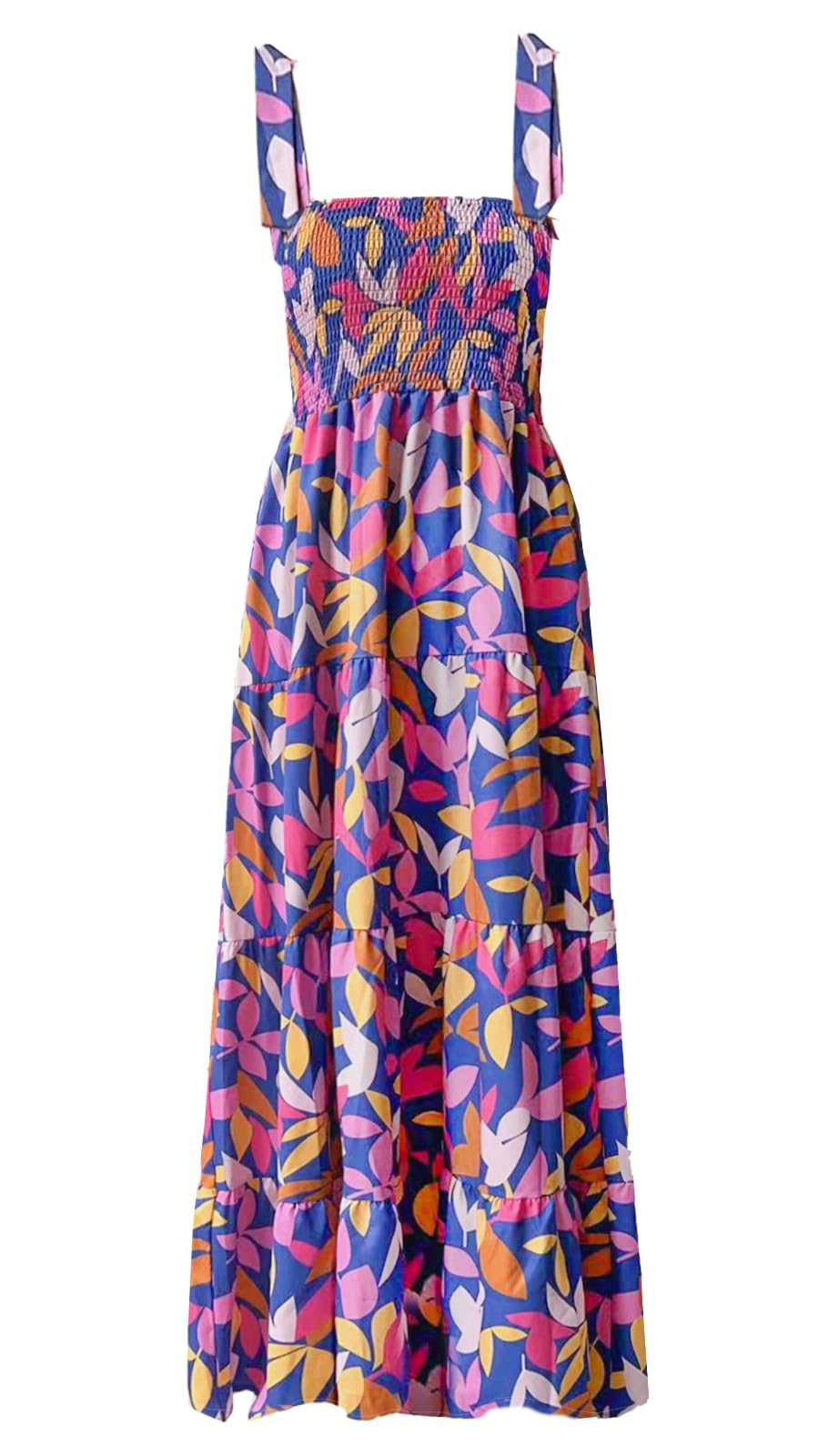 kinstell Women's Summer Boho Spaghetti Strap Square Neck Ruffle Casual Flowy Long Dress Beach Swing Party Maxi Dress