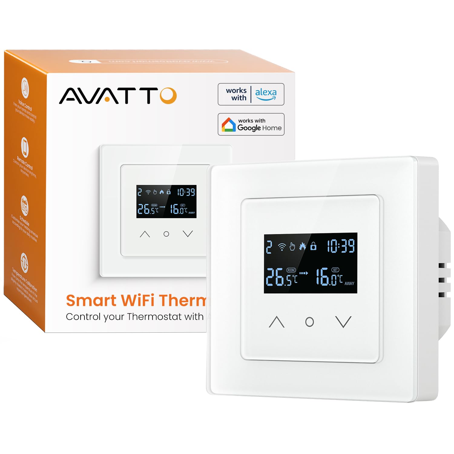 AVATTO 55x55mm Smart WiFi Thermostat für Wasser-Fußbodenheizung programmierbarer Raumthermostat kompatibel mit Alexa & Google Home, Fernbedienung über AVATTO-App oder Smart-Life-App