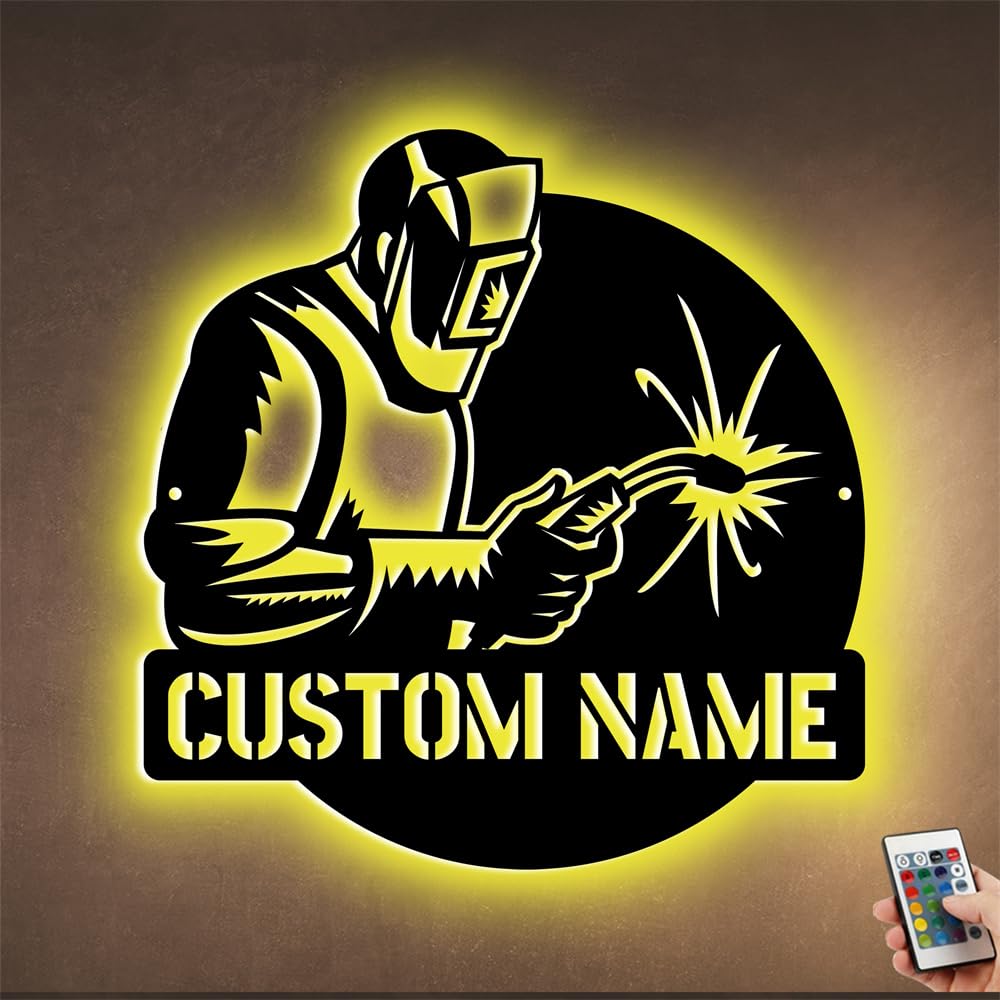 Personalized Construction Welder Sign, Custom Name Construction Welder Monogram Metal Wall Art Sign With LED Light, Construction Welder Led Neon Sign Wall Hanging for Men, Dad Father's Day