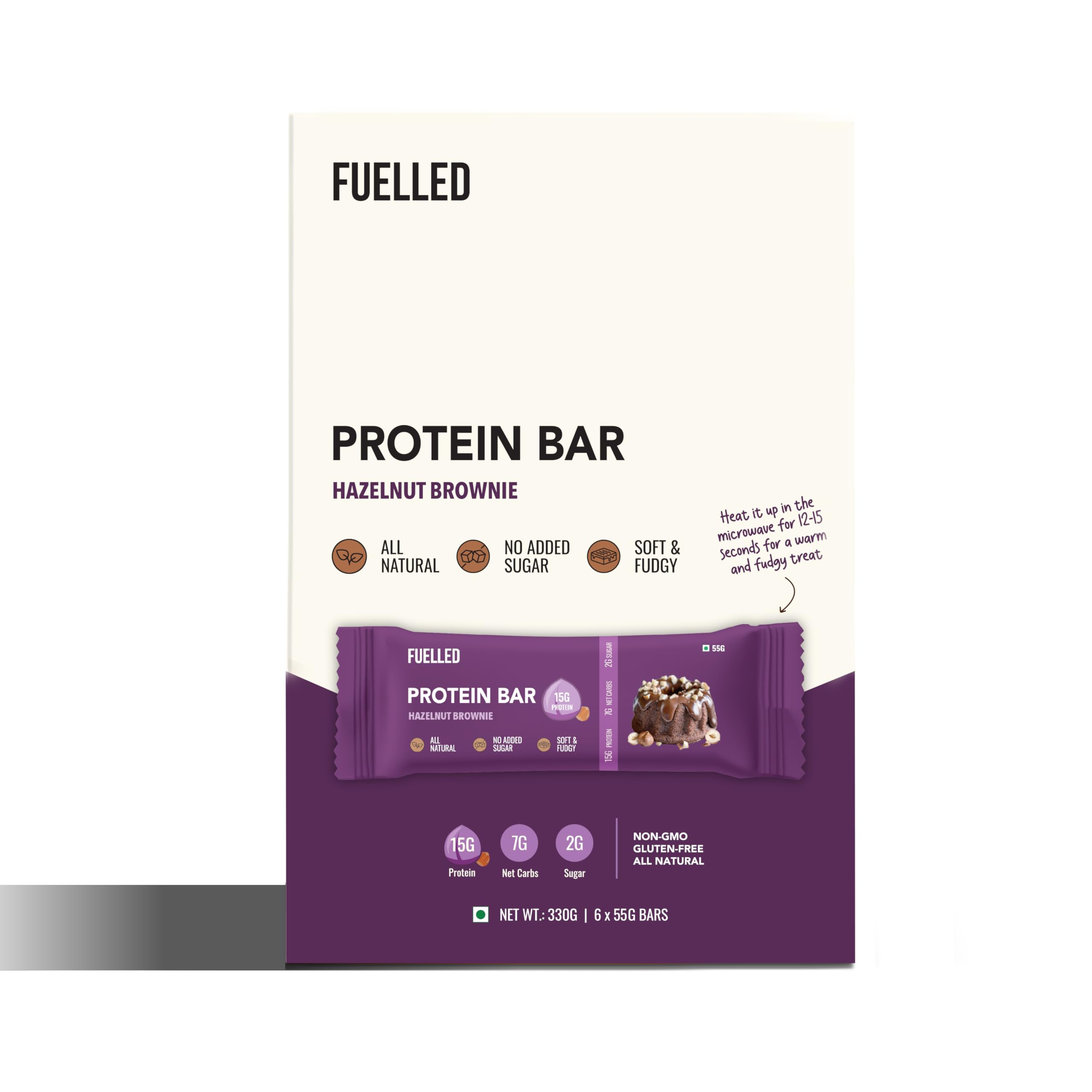 Fuelled Protein Bar 15 g Hazelnut Brownie/Pack of 18 x 55 g/Healthy Snacks / 100% Whey Protein/High Protein, Low Calorie & High Fibre