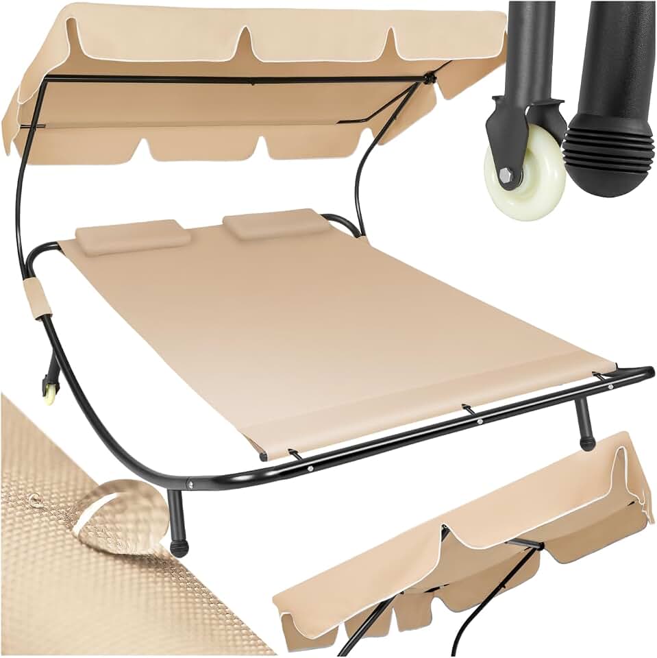 tectake® Tumbona Doble de Jardín, Tumbona de Playa con Parasol Plegable, Tumbonas de Piscina para Dos, para Jardín Exterior con 2 Ruedas y Cojines, Fácil Montaje, Interior y Exterior - Negro/Beige