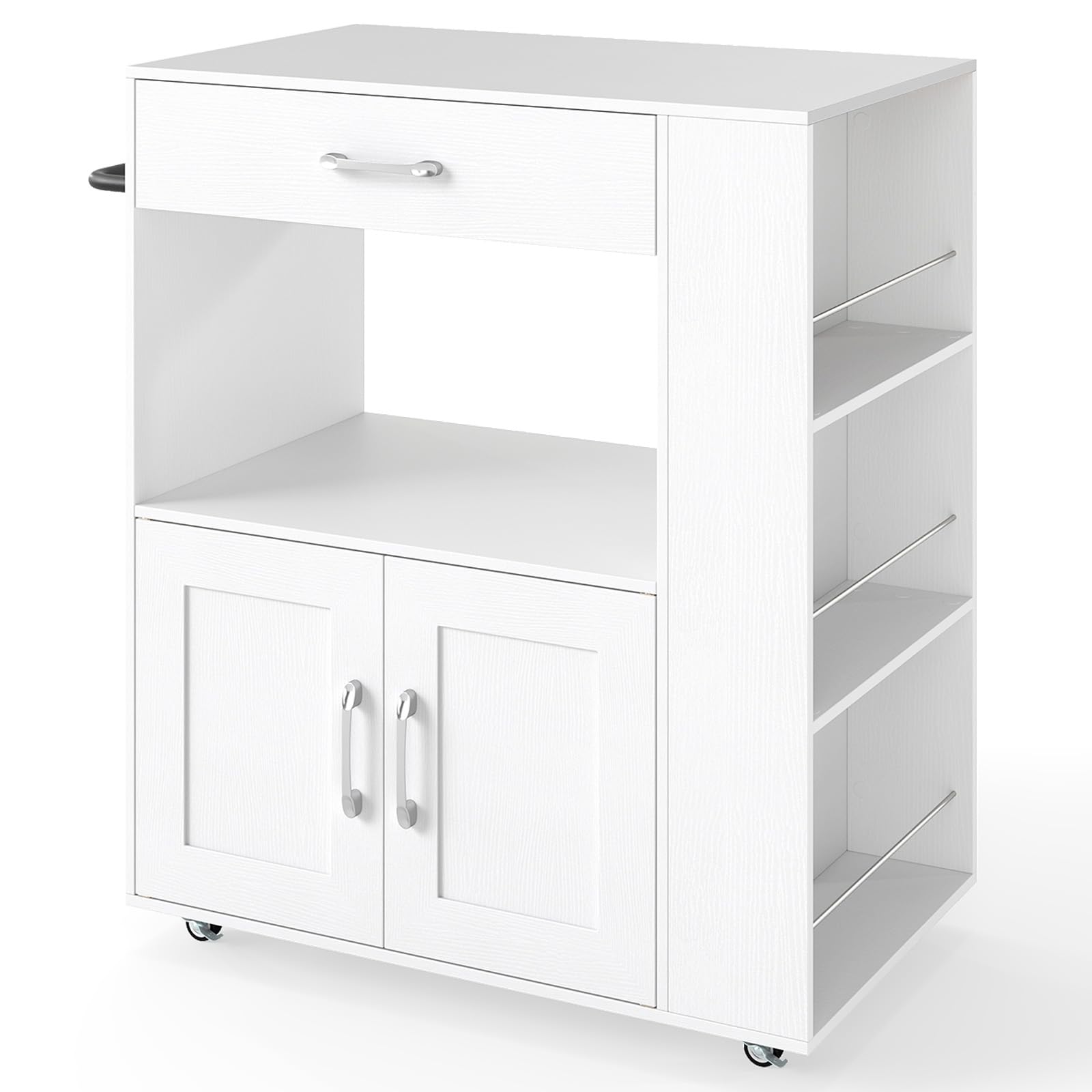 KOMFOTTEU Carro de Cocina con Ruedas, Carrito de Servicio con 3 Estantes Laterales, Armario de Puertas y Cajón, Isla de Almacenamiento con Toallero, 82 x 46 x 92 cm (Blanco)