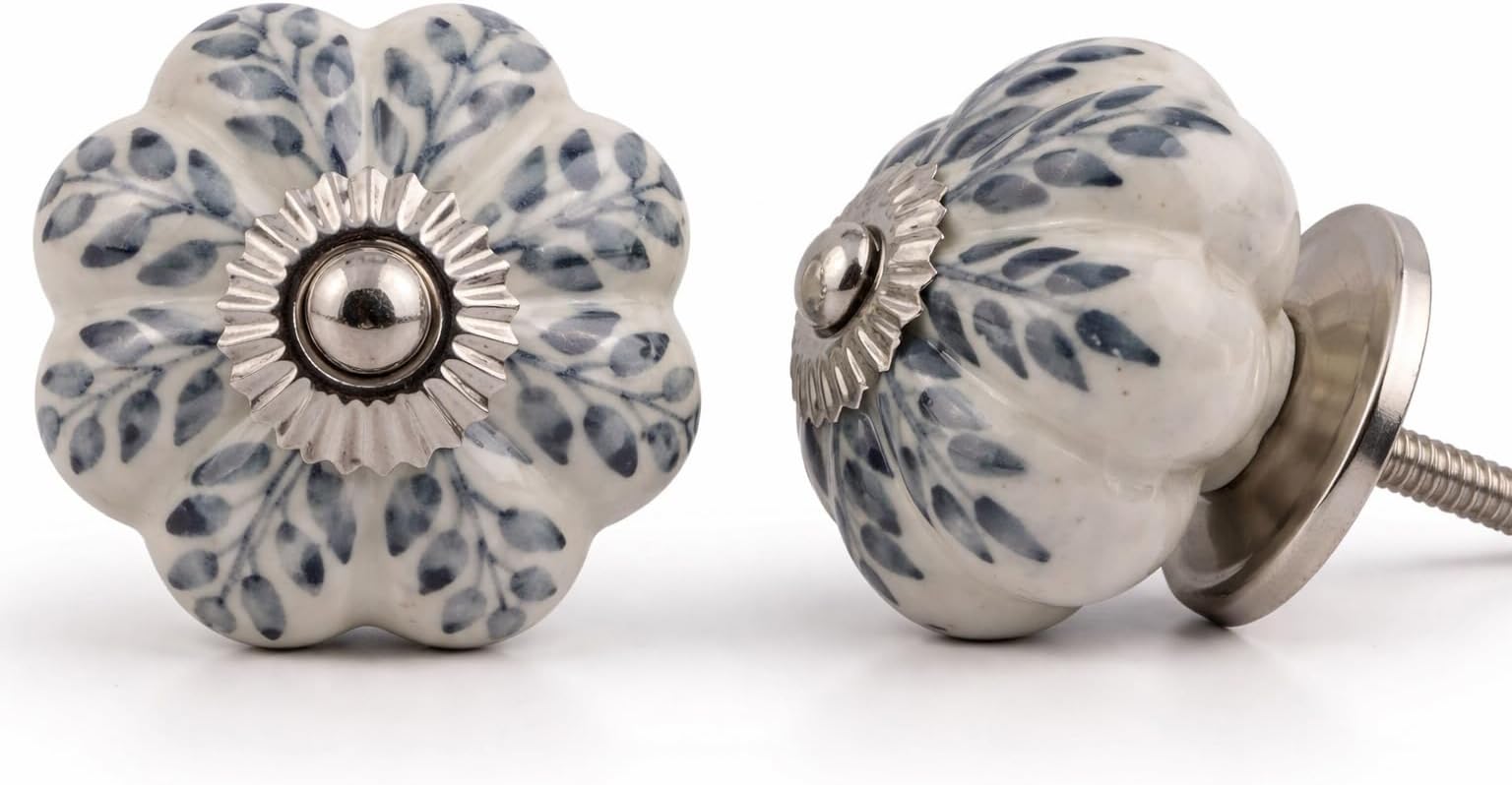 Grey Ceramic Cabinet Knobs โ Floral Vintage Drawer Pulls with Stainless Steel Hardware, Decorative Kitchen Cupboard Handles for Dresser, Wardrobe, Closet & Furniture (Pack of 12)
