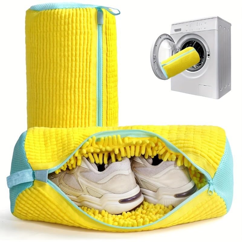 Shoes Laundry Bag Keep Shoes Clean, 2 Pcs Set - Shoe Wash Bag for Washing Machine, 360° Wrap Shoe Washing Bag for Sneakers, Boots & Delicate Footwear, Reusable Shoe Cleaning Bag (Yellow)