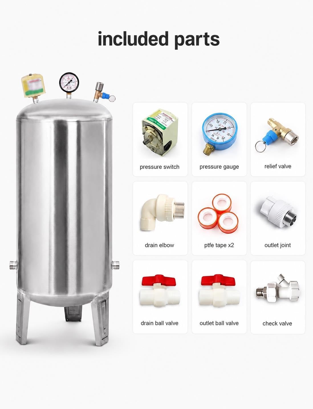 Depósito Presión Agua, Inox 304 para Bomba de Pozo con Accesorios
