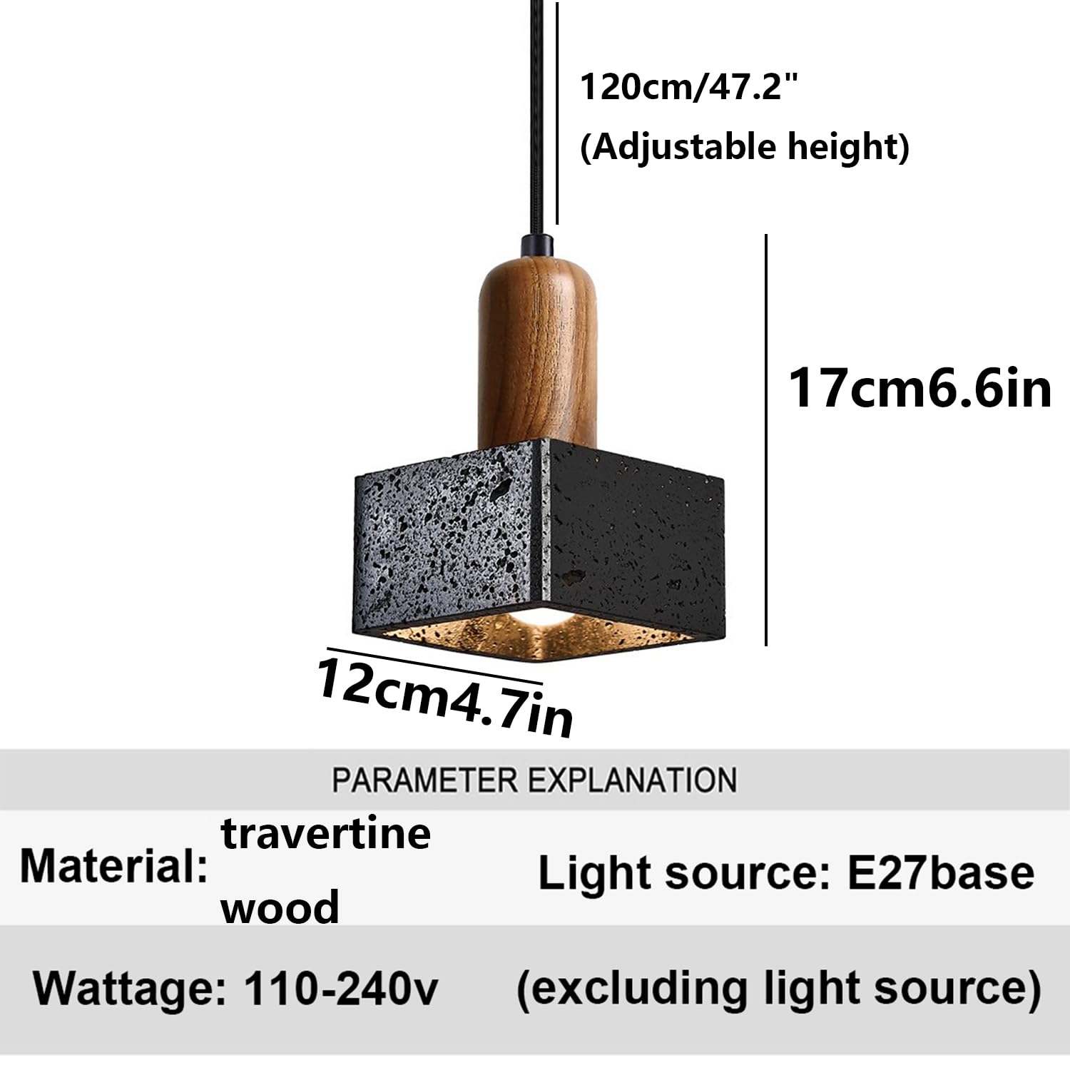 Lampa Wisząca Z Trawertynu Lampa Wisząca Kwadratowa 4,7 Cala Naturalny Porowaty Trawertyn, Sztuka Z Drewna, Podstawa E27 Wabi-sabi W Stylu Japońskim Do Domu, Korytarza, Kawiarni, Sklepu