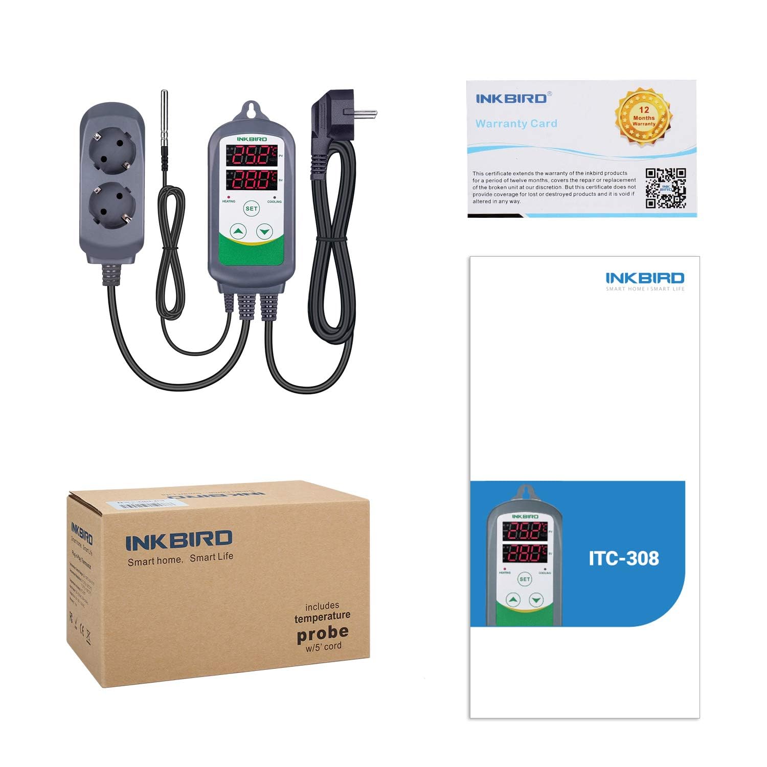 Inkbird ITC-308 Prise Thermostat Numérique avec 2 Relais 220V Sonde, Controleur Température Chauffage Refroidissement pour Terrarium,Reptile,Incubateur,Serre,Couveuse,Brassage