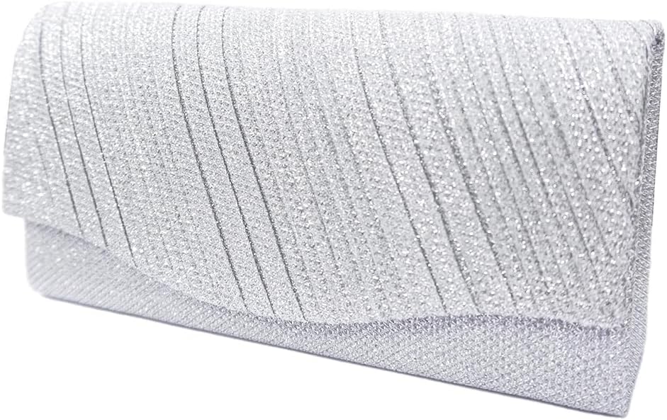 Bolsa Clutch Festa Feminina Prata Poliéster Listrado Mão Ombro Transversal Com Correntes Removíveis