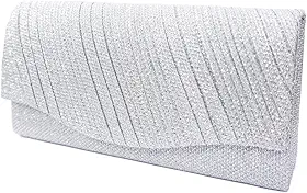 Bolsa Clutch Festa Feminina Prata Poliéster Listrado Mão Ombro Transversal Com Correntes Removíveis