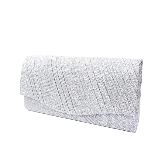 Bolsa Clutch Festa Feminina Prata Poliéster Listrado Mão Ombro Transversal Com Correntes Removíveis