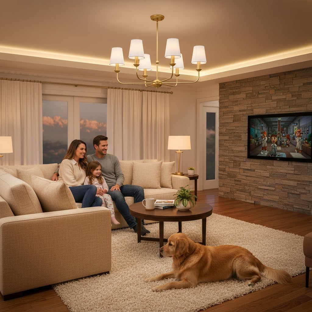 VINLUZ 6-Light Brushed Gold Chandelier with White Fabric Shades, E12 Base Industrial & Farmhouse Style Pendant Light Fixture, Elegant Adjustable Ceiling Light for Kitchen Dining and Living Room