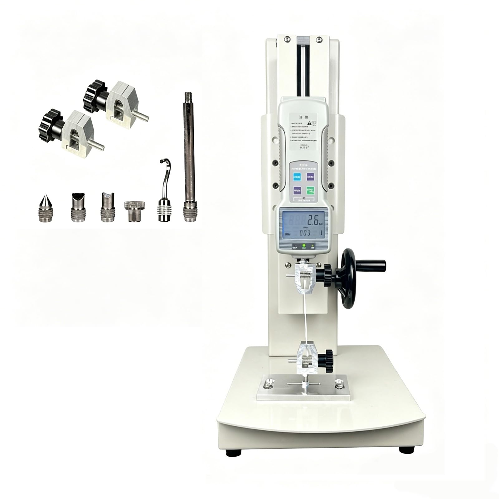 Banco de pruebas de tracción con medidor de fuerza digital, carrera de 270 mm, manivela, 5 sondas y 2 abrazaderas, 10N-1000N para pruebas de hardware