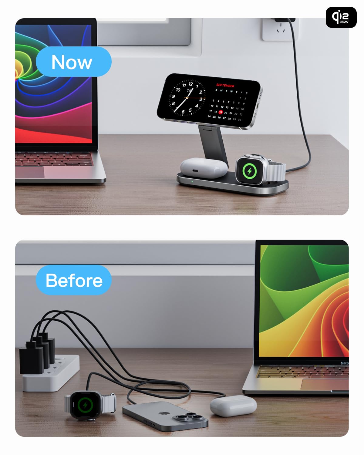 3 w 1 magnetyczna ładowarka bezprzewodowa 25 W, składana stacja ładowania USB-C, kompatybilna z etui, dla Phone 17/16/15/14/13/12, zegarka Watch i słuchawek-czarny