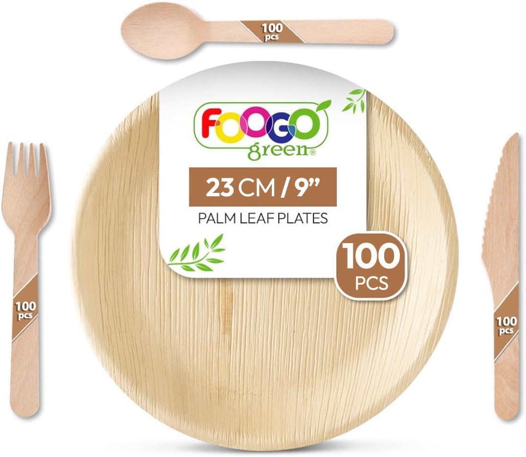 FOOGO Green 400pcs Disposable Palm Leaf Plates and Wooden Cutlery Set, FSC® Certified, 100x Large Round Plates, 100x Forks, 100x Knives, 100x Spoons, Eco Friendly Biodegradable — image 1