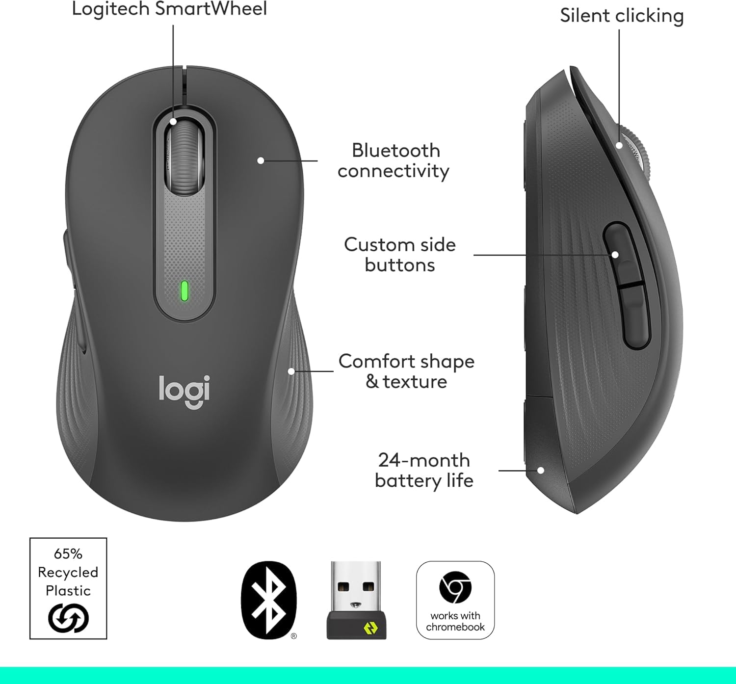 Logitech Signature M650 L - Mouse inalámbrico de tamaño completo, para manos de gran tamaño, batería de 2 años, clics silenciosos, botones laterales personalizables, Bluetooth (Reacondicionado)