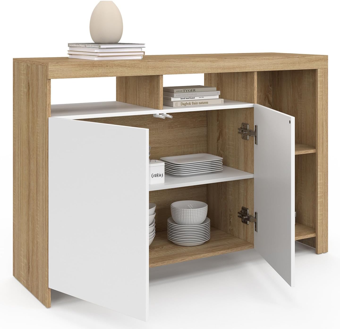 IDMarket MALO 110 cm Sideboard with doors open, showing interior shelves