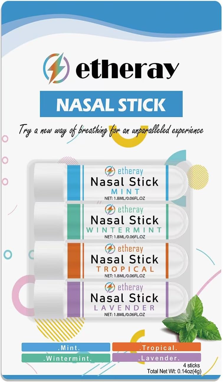Nasal Stick 4 Pack - Nose Inhaler Stick, Nasal Sticks w/h Essential Oils + Menthol (Mint, Wintermint, Tropical, Lavender) | Aromatherapy Inhaler Boosts Focus + Enhances Breathing