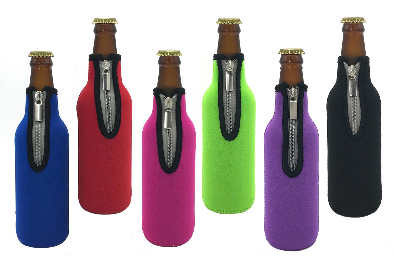 AMMKRO 6 Colors 330ML(12 Oz) Neoprene Zipper Beer Coolers Insulator Beer Bottle Non-Slip Thick Jacket Holder Sleeves for Bar, Birthday Party, BBQ, Picnics Outdoor Activities