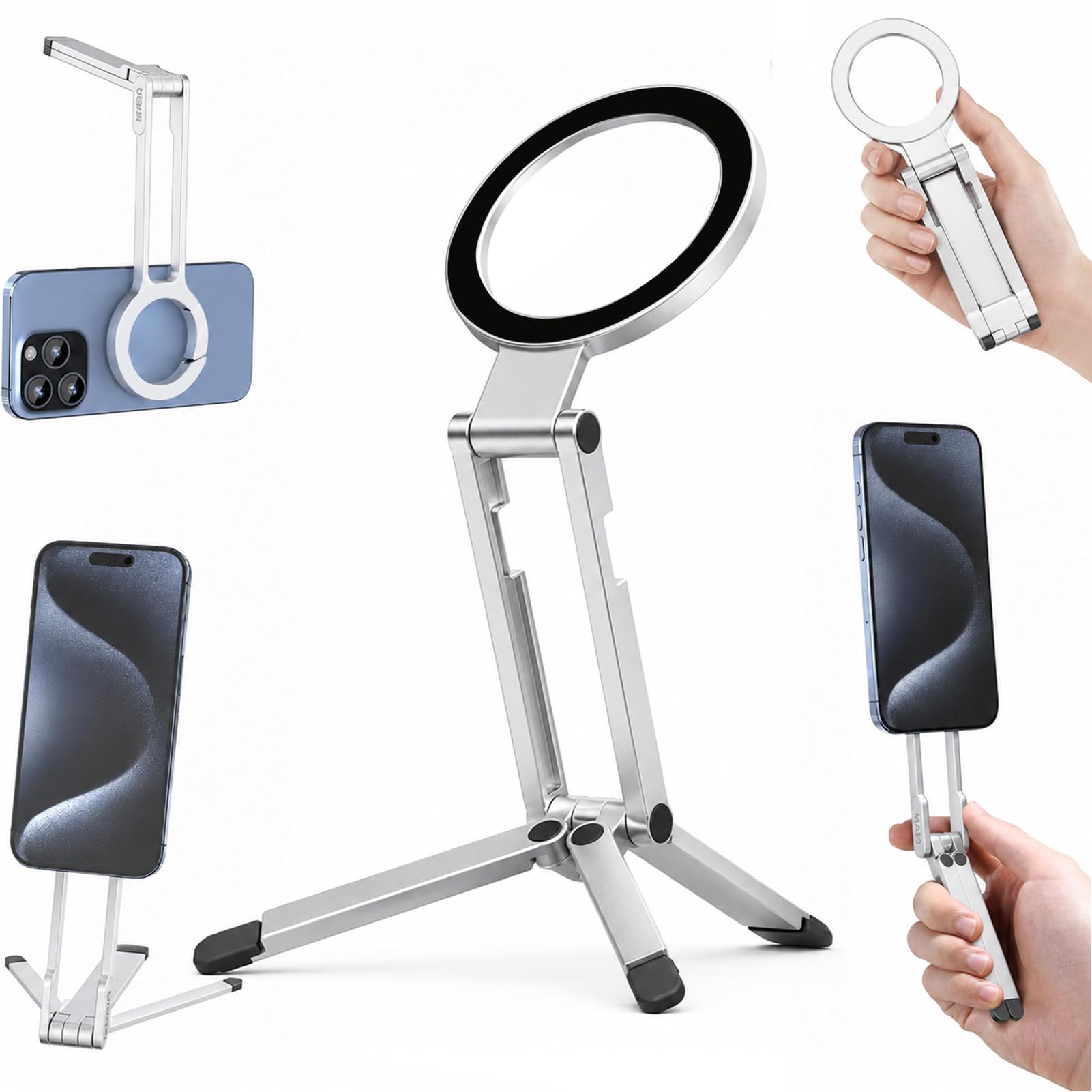 Phone Stand,360°Rotating Phone Tripod,Selfie Stick for iPhone,Phone Stand for Desk,Magnetic Phone Stand Foldable Cell Phone Stand Fits Gym, Travel Essentials Accessories(Silver Aluminum Alloy)