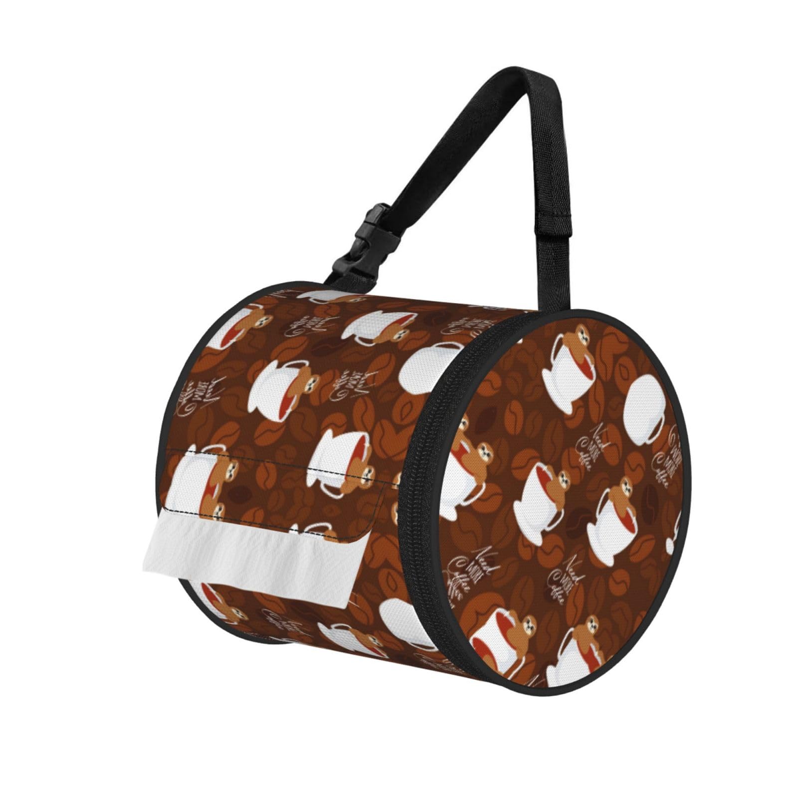Sloth Coffee Print Round Tissue Dispenser Bag With Carry Strap, Portable Roll Holder For Car Travel Home