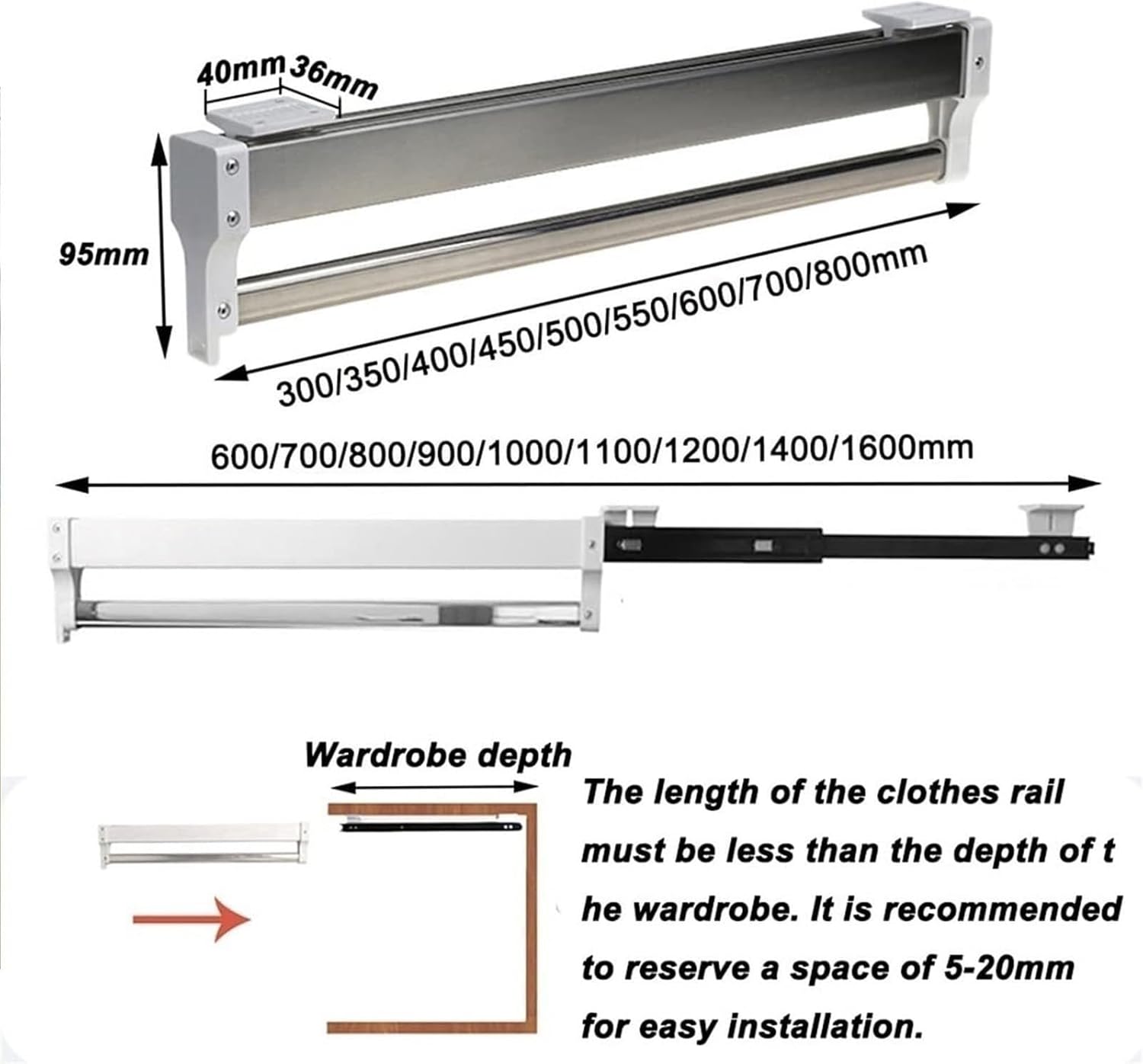 Extendable Pull-Out Closet Rod - Adjustable Clothes Hanger Rail, Wardrobe Trousers Rack 30-80cm, Closet Organizer for Pants & Coats, Max Load 25kg (B, 300MM/11.8IN)