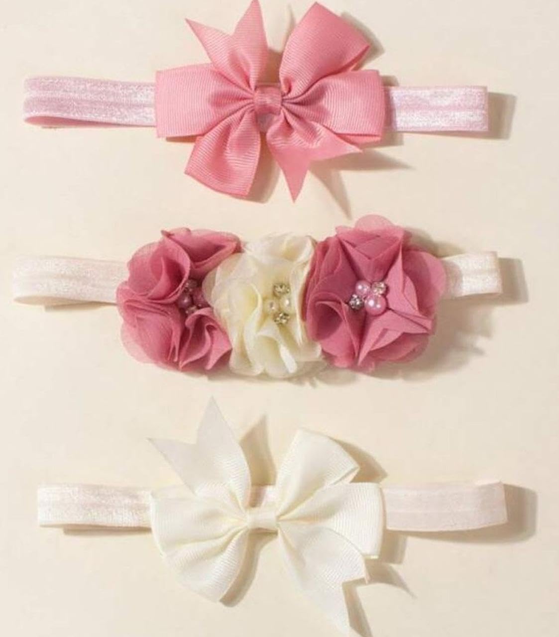 3 pcs Pink & White Baby Headband Korean Lace Flower Newborn Bow Hairband Hair Accessories Headband Stretchy Cute Flower Baby Hairband Set for Girls Headband Newborn Baby Essential Products Birthday Gift Bow & Floral Applique Detailed Headbands For Girls-image-26