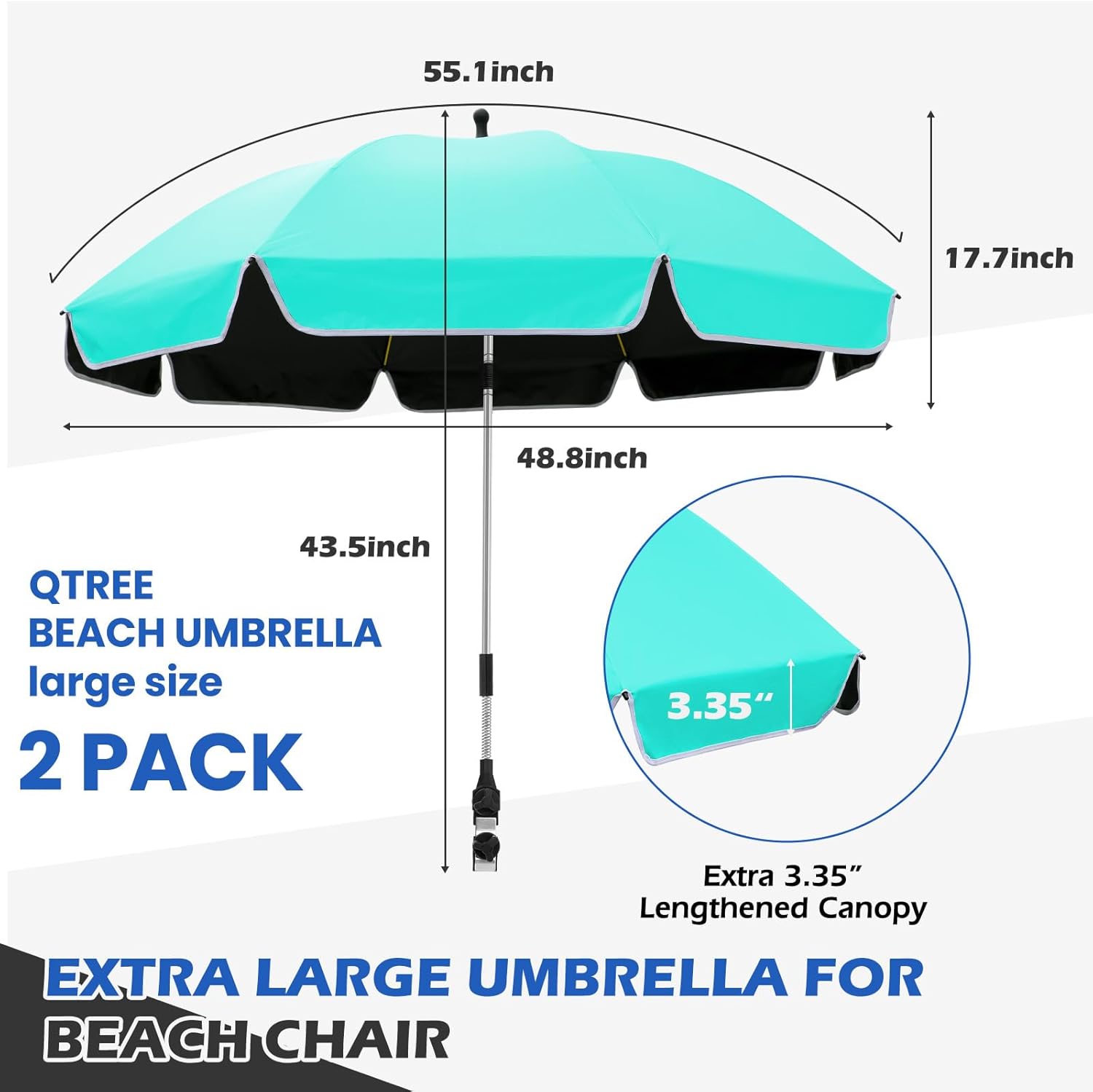 2Pack 48.8 inch Large Beach Umbrella with Clamp Sun Shade for Beach Chair, 360°Adjustable UV Protection Golf Umbrella with Clip for Outdoor Stroller Wheelchair Camping Chair - Image 2
