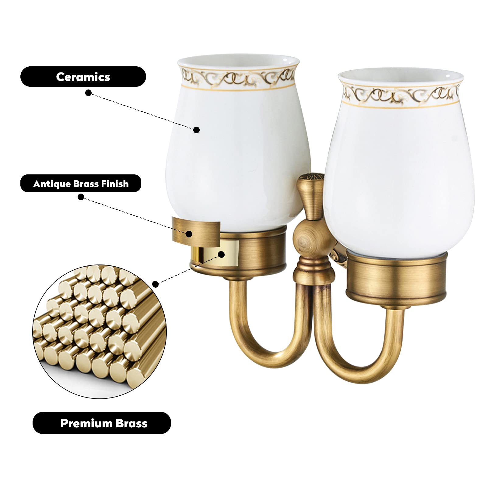 Weare Home Antike Zahnputzbecherhalter, Messing Zahnbecherhalter,Retro Klassic Solide Kupfer Zahnbürstenhalter und Keramik Glas Form Doppelt Zahnbürstenhalter
