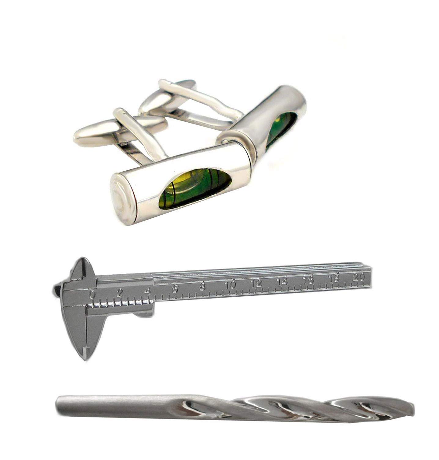 Set Wasserwaage Manschettenknöpfe Krawattennadeln Schieblehre Bohrer + Geschenkboxen