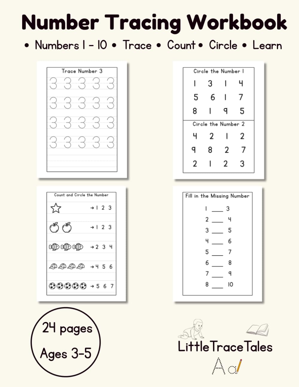 Number Tracing Workbook: • Numbers 1–10 • Trace • Count • Circle • Learn