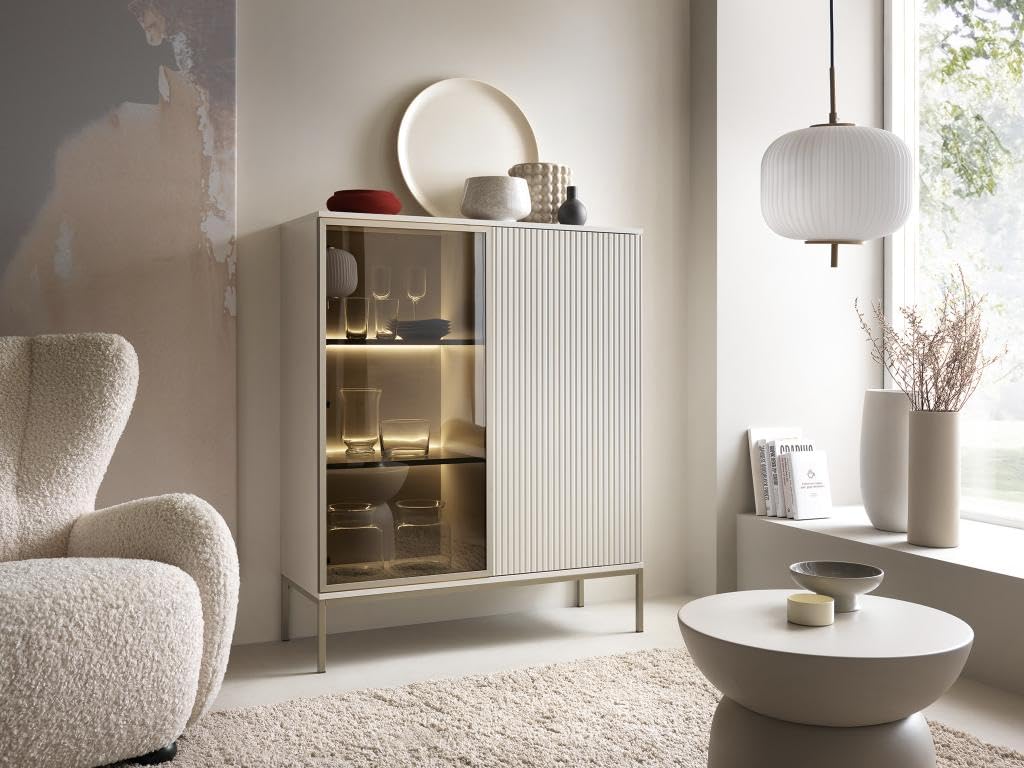 Vente-unique-Vitrina 2 Puertas con Luces LED en MDF y Vidrio Ahumado - Beige y Negro - Ovila