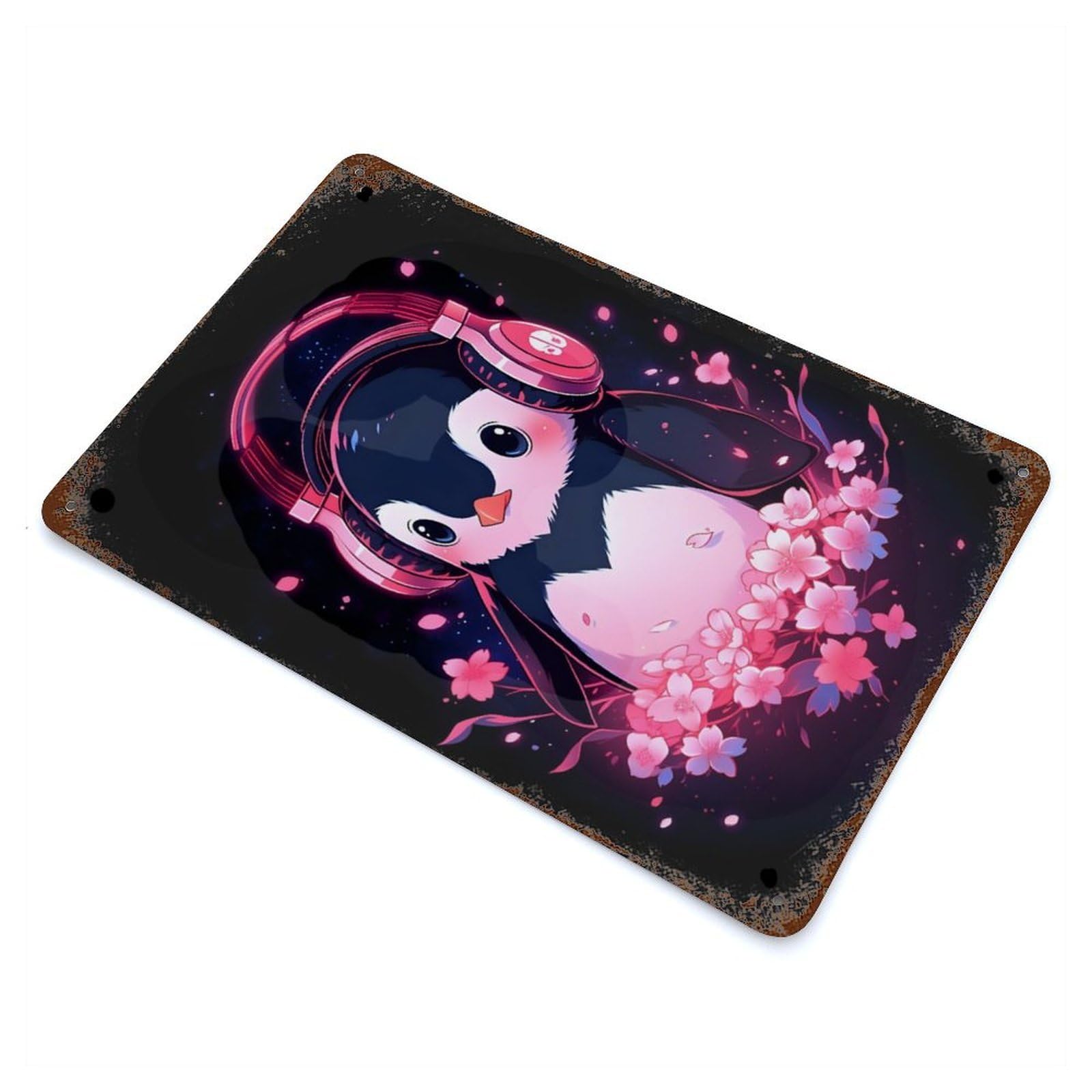 Penguin Pink Headphones Decorative Tin Sign 11.8"x7.9", for Bistro, Counter And Cafe Decor, Retro Wall Decor