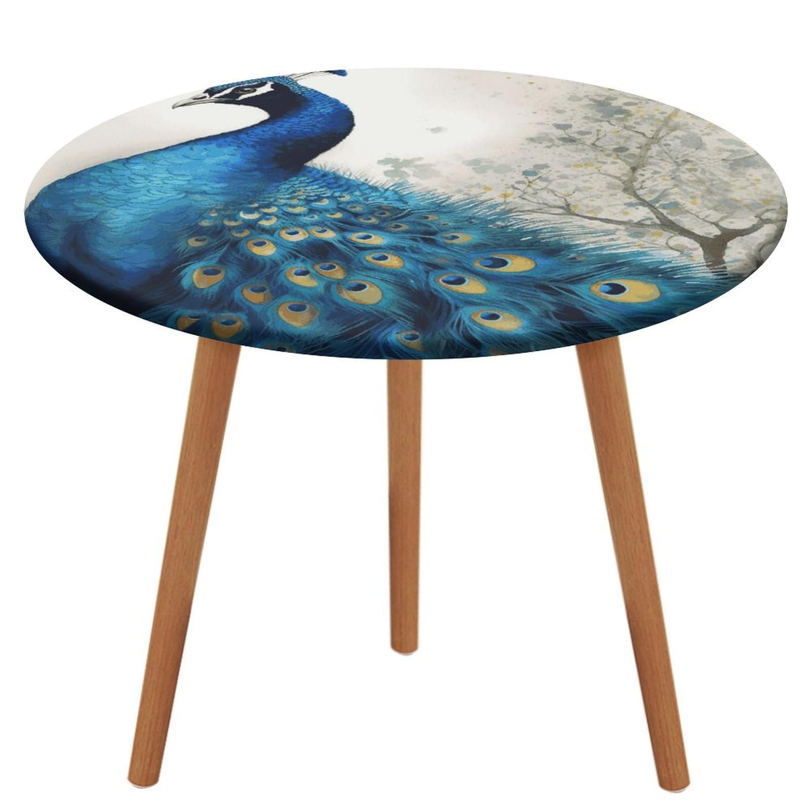 Cadeaux pendaison de crémaillère nappe ronde bleu paon décoration table